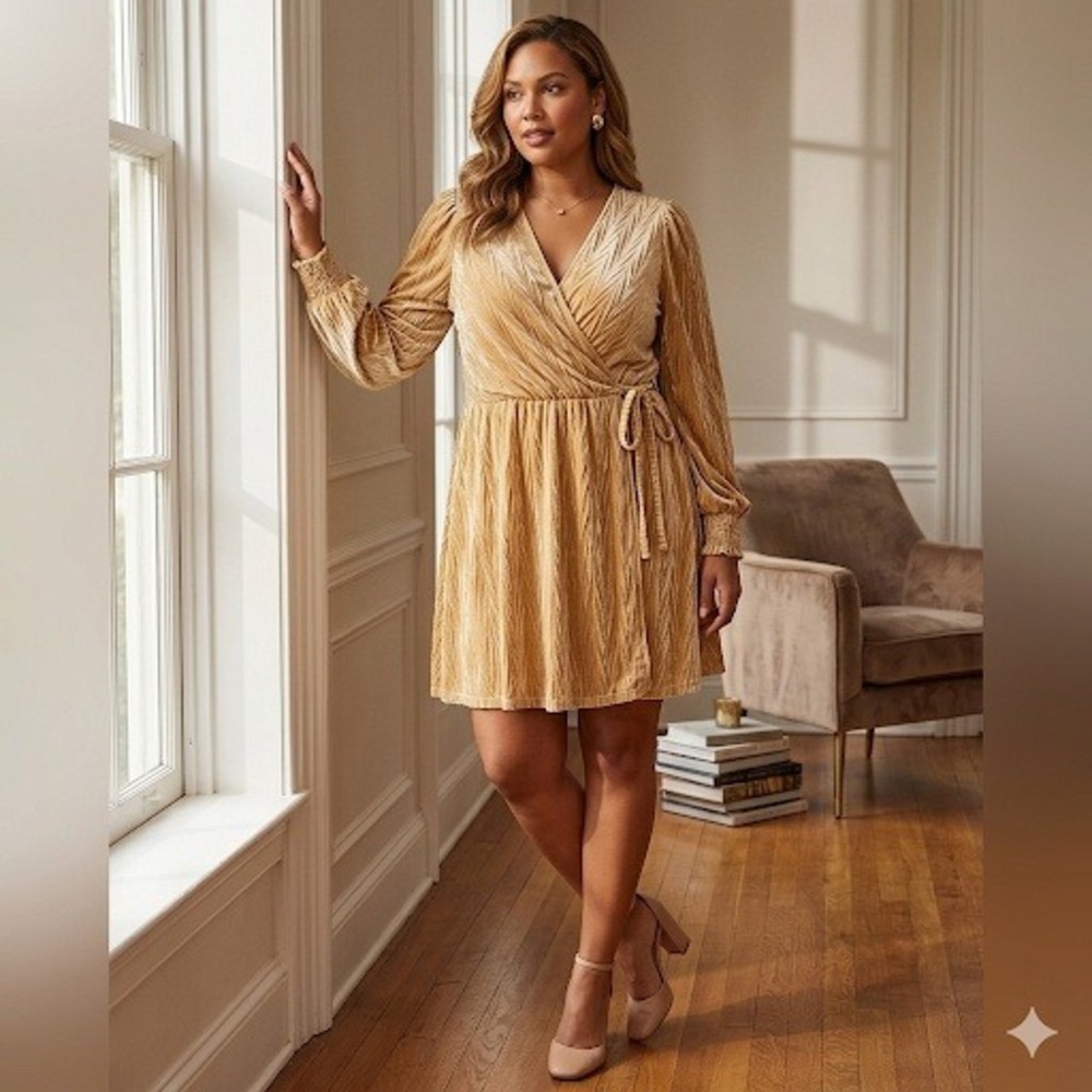 Gold Velvet Wrap Dress Faux Chevron‎ Plisse Champagne Balloon Sleeve Medium